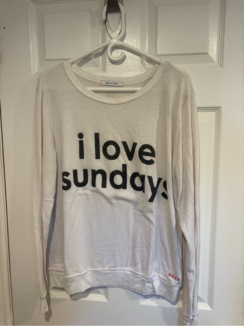 Peace Love World White Crewneck Sweater with Black 'i love sundays' Graphic